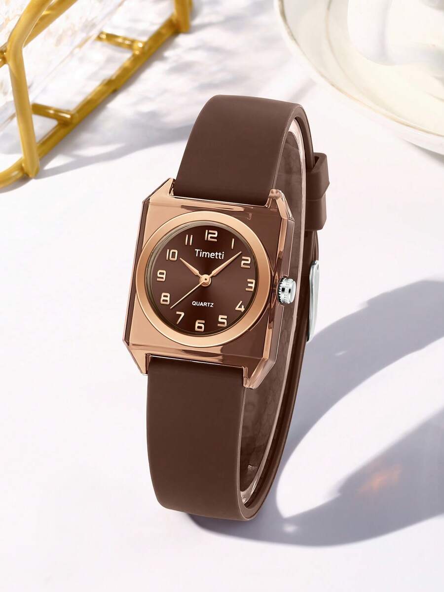 1pc Women Fashion Minimalist Art Style Silicone Band Quartz Movement Wrist Watch, Suitable For Everyday Wear - 咖啡棕 - 查看 1