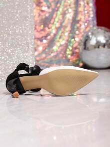 女士夏季度假优雅 PU 皮革花朵装饰撞色高跟凉鞋