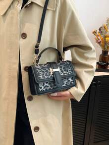 Retro Chic Leopard Print Small Square Handbag, Women's Fashion Versatile Casual Commuting Shoulder Bag - Black - View 4