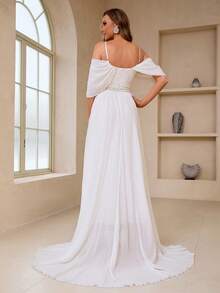 Elasola Women's Wedding Dress, Pure White Chiffon Cold Shoulder Lace Floor Length Elegant Evening Dress, Valentine's Day Spring - White - View 2