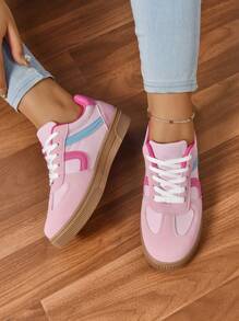 Women's Round Toe Lace-Up Contrast Color Flat Sneakers, Spring/Autumn Campus Style Fabric Trainer Shoes