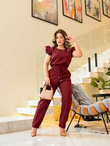 Women 2 Piece Set Casual Elegant Pleated Blouse Cotton Linen Pants With Ruffles On Scrub Sleeve Colors Fashion Spring Summer 2025 Women Clothing - 勃根地紅/荷葉邊 - 查看 4