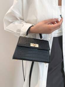 时尚迷你金属鳄鱼纹斜挎包和手提包，配有翻盖锁扣 - 黑色 - 查看 5