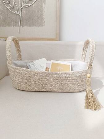 1pc Large Woven Desktop Storage Basket, Nursery Room Bedside Organizer Bin, Baby & Kids Supplies Storage Basket, Foldable Household Basket