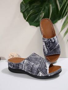 Women's Open Toe Contrast Color Western Style Slip-On Wedge Sandals, Fashionable & Versatile For Urban Outdoor - Grey - View 4