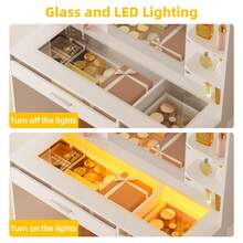 Tomnk Vanity Desk With Mirror And Lights, Makeup Vanity Desk With Lights 3 Colors, Transparent Top Vanity With 2 RGB Drawers, 6 Shelves, Large Tempered Cabinet, Power Outlet, For Bedroom, White, For Birthday Gift