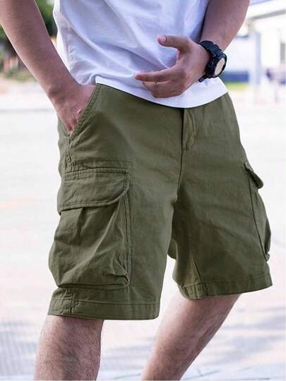 Pantalones cortos de trabajo multibolsillos con cordón de color sólido para hombre Street Style