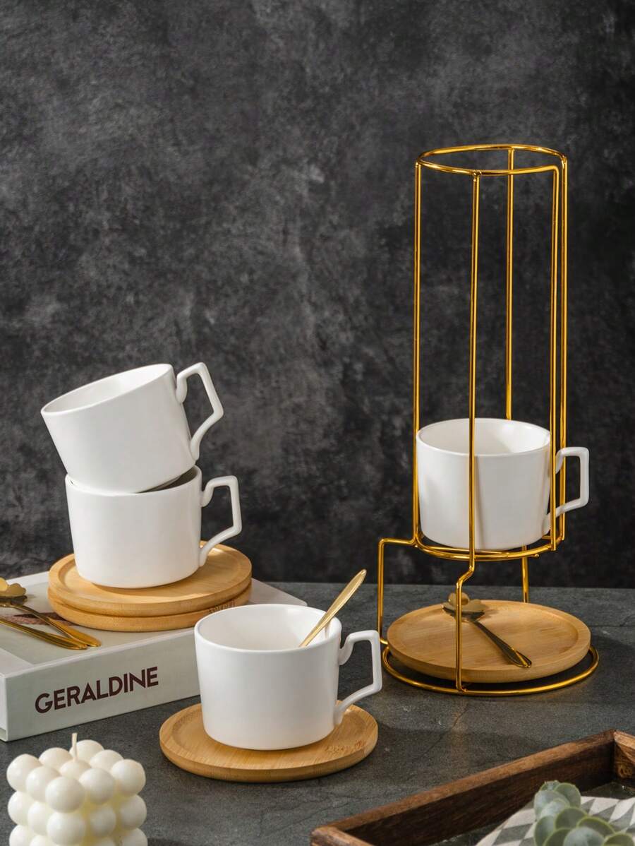 1 Juego de Tazas de Café - 4 Tazas, 4 Platillos, 4 Cucharas con Soporte de Metal / 1 Juego de Tazas de Café - 1 Taza, 1 Platillo, 1 Cuchara, Capacidad ≈ 250ml, Material Cerámico, Disponible en Blanco/Negro/Verde, Taza de Café para Cappuccino Latte Art, Taza de Té, Apta para Té, Café, Cereales, Chocolate Caliente, Incluye Cuchara y Bandeja de Madera, Juego de Tazas de Café, Juego de Tazas de Cerámica, Ideal para Restaurantes, Cafeterías, Hogar y Oficina, Gran Regalo para Familia, Amigos y Seres Queridos.