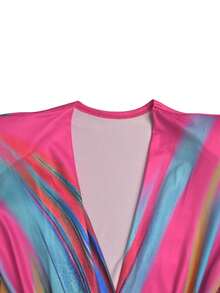 女士百褶撞色长袖优雅休闲连衣裙节日夏季生日派对 - 玫紅色 - 查看 7