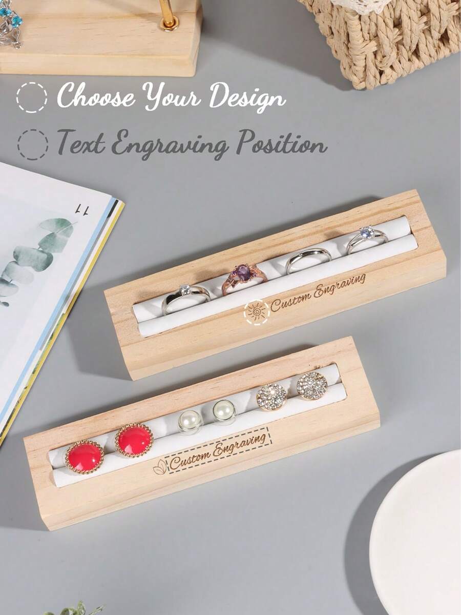 (Customized) 1pc Natural Bamboo Rectangular Ring, Earring Display Tray, Jewelry Storage Organizer. Can Be Customized As A Gift - Multicolor - View 1