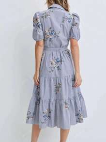 Women's Elegant Blue & White Striped Button-Up Flared Hem Short Sleeve Shirt Dress