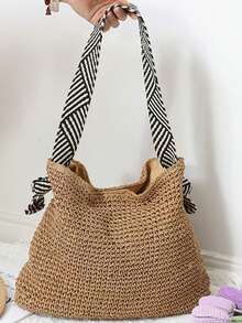 1pc Women's New Straw Woven Handbag, Fashionable And Versatile Large Capacity Tote Bag, Perfect For Beach, Seaside, Summer, Commuting, Weaving Bag, Vacation, Retro, Minimalist, Casual, Relaxed Style - Rust Brown - View 4