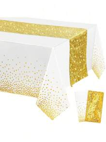 2pcs/Pack Tablecloth And Sequin Table Runner Set Polka Dots Confetti Table Cover Dining Plastic Table Cloths Glitter Decorations For Birthday Wedding Anniversary Party Supplies
