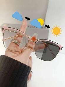 一副双色金属猫眼眼镜，复古甜美个性时尚电脑眼镜，可配近视镜片或透明镜片，户外变色时尚眼镜 - 彩色 - 查看 1