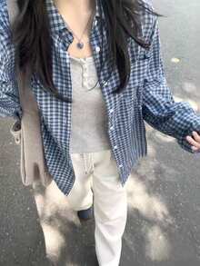 新品上市！女士蓝色格子衬衫休闲宽松长袖衬衫上衣，休闲设计 - 藍色 - 查看 4