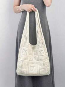 1pc Stylish Large Capacity Fashion Woven Tote Bag - Hollow Shoulder Bag - Ultra-Lightweight, Breathable, Spacious, Suitable For Casual Summer Travel And Beach Adventure