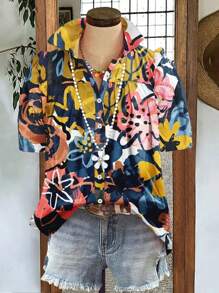 Blusa plisada con botones y estampado floral de manga corta, de moda para mujer en primavera y verano, de uso casual