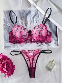 Sexy Heart Patchwork Sheer Mesh Lingerie Set, European And American Style Temptation Intimate Apparel - Black - View 3