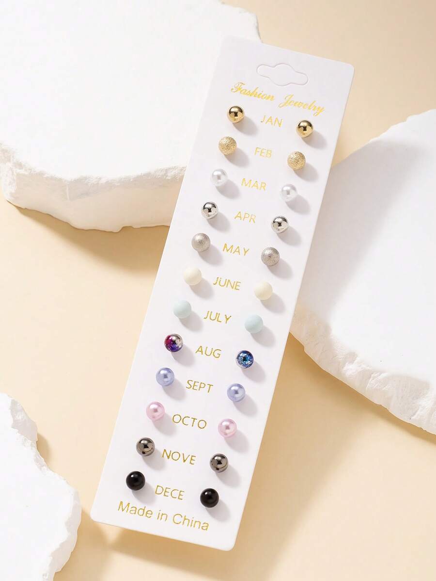 12 Pairs Fashionable Minimalist Cute Faux Pearl Round Stud Earrings Set, Jewelry Accessories For Daily Wear