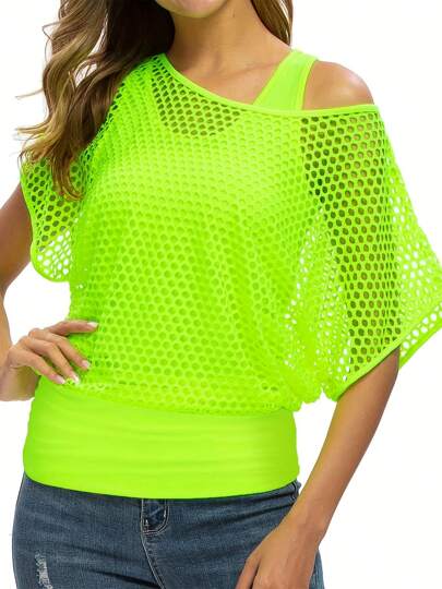 Co Ords Sets Women,Two Pieces Set: Women's Summer Neon Solid Color Casual Fashion Vacation Style Off-Shoulder Fishnet Cover-Up T-Shirt + Vest Two Pieces Set