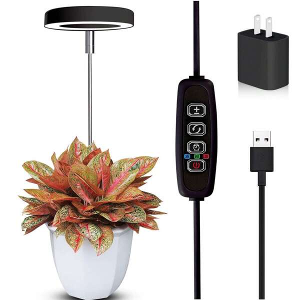 Grow Lights For Indoor Plants Small Potted - Full Spectrum, Auto 3/9/12H Timer, 10-Level Dimming & Adjustable Height - Compact Grow Light For Succulents, Herbs, Foliage In Home/Office (Black,1PACK)