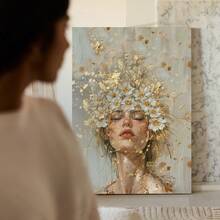 1 pieza Retrato de floración dorada Mujer floral etérea abstracta Arte de pared de lienzo con hojas de oro moderno Botánica para decoración de pared de sala de estar Decoración de pared de dormitorio Baño Póster enmarcado Impresiones artísticas - Multicolor - Ver 6