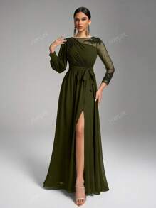 SUPGIR Vestido de noche elegante negro con cuello redondo, manga farol asimétrica, decoración de lentejuelas de lujo y cintura anudada