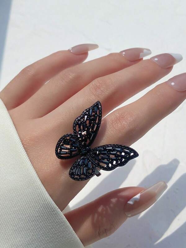 قطعة واحدة خاتم على شكل فراشة مطلي بالذهب والنحاس متعدد الألوان، مرصع بحجر زركونيا، مناسب للارتداء اليومي