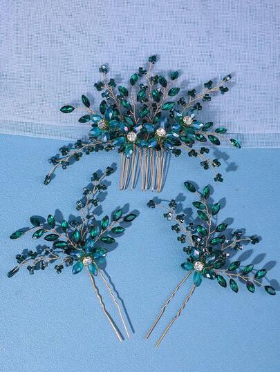 3件套水晶发梳和发夹套装，橙色哥特式礼服配饰，橄榄绿森系风格装饰，新娘情人节婚礼配饰