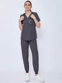 (Four-Piece Set) Scrubs Uniform Women's Running Matte Elastic Sports Nurse  Uniform Wash Clothes Work Clothes Breathable Scrub Shirt - 藍色 - 查看 5