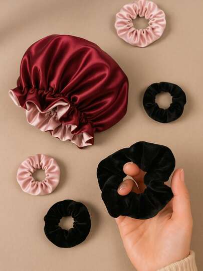 Touca de Cetim Dupla Face Ajustável + Xuxinha Scrunchies de Veludo Elástico De Cabelo