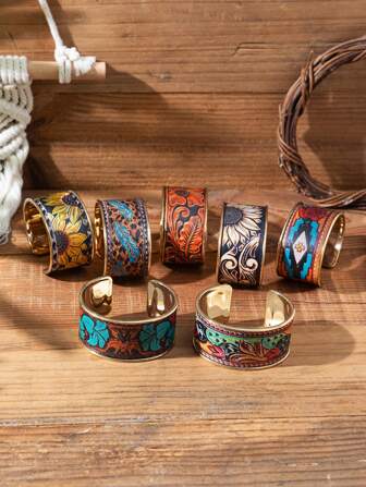 1 件复古乡村风格向日葵和玫瑰 PU 袖口手镯，适合女士，独特袖口，适合酷炫别致的装扮