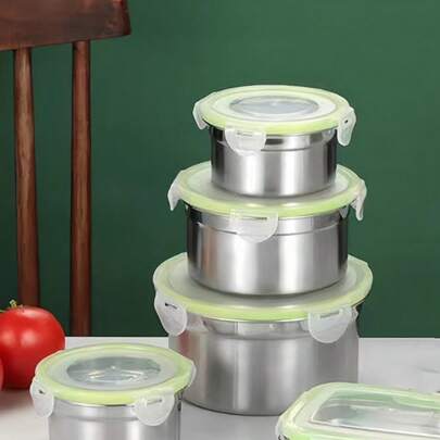 1件装不锈钢圆形保鲜盒冰箱食品储存盒带盖密封午餐盒烹饪盒烘焙用品