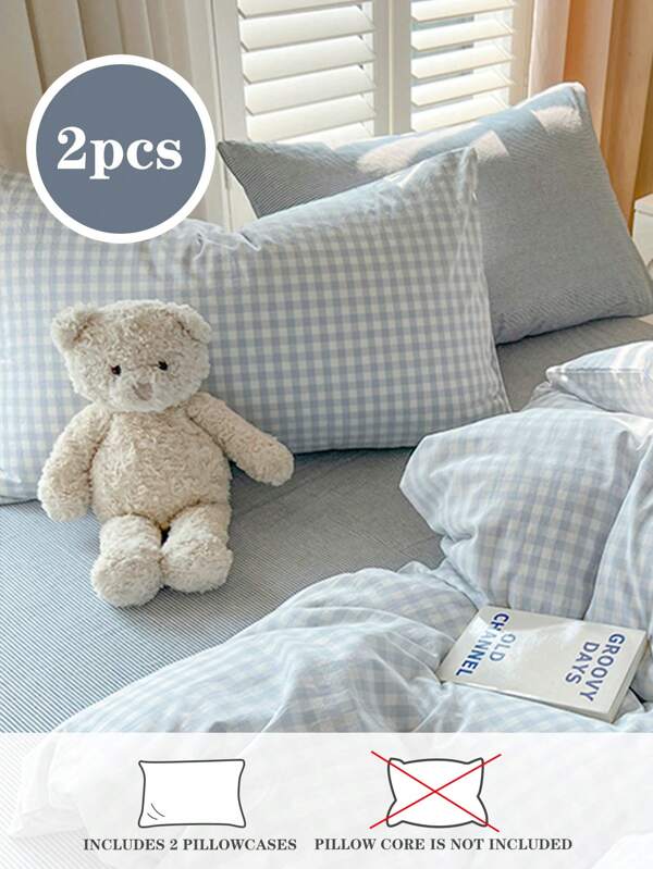 2pcs Blue Check,Four Seasons, Super Soft, Lovely, Student Dormitory, Boys And Girls,School Student,Dormitory Dress-Upmachine Washable, Bedding, Pillowcase Pair,Square Pillow Cushion Cover,Twin Full Queen King