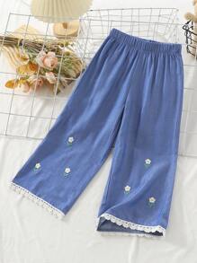 Young Girl' Wide Leg Pants, 2025 New Fashion Daily Casual All-Match Floral Embroidered Ruffle Hem Trousers