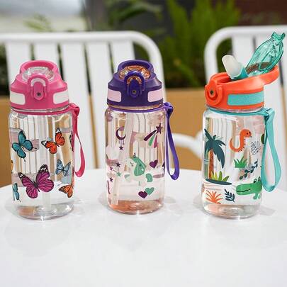 1pc 600ml/21OZ Transparent Cartoon Printed Straw Cup, 3D Anime Design Portable Plastic Water Bottle, Kids Straw Cup, Outdoor Sports Water Bottle, Picnic, Camping, School, Hiking, Travel, Gift