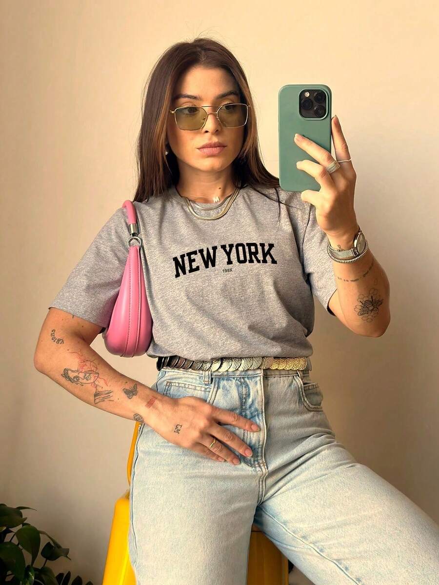 Women's T-Shirt New York 199X T-Shirt Blouse Short Sleeve 100% Premium Cotton Mesh Casual Fashion Streetwear Carefree Stylish Loose - 灰色 - 查看 1