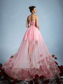Elegant Mini Bridal Gown With Intricate 3D Flowers & Lightweight Netted Tulle Trail – Perfect For Summer Weddings, Garden Parties, Luxury Ceremonies, Or Formal Evening Events, Bride