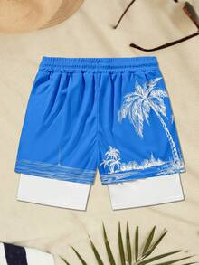 Men's Beach Vacation Inner Graphic Print Lining Shorts, Hawaiian - Blue - View 2