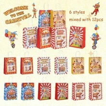 12件套马戏团主题系列牛皮纸袋，节日礼品袋，生日派对包装袋，礼品袋，母亲节购物袋，手提包装饰 - 彩色 - 查看 2