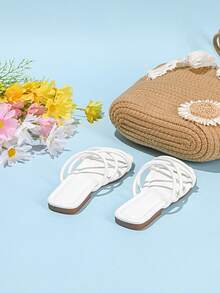 1双女童条纹编织平底凉鞋 - 白色 - 查看 6