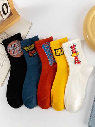 5 Pairs Solid Color, Stripe, Letter Print Mid-Calf Socks For Boys, Outdoor Sports Crew Socks For Kids, Moisture Wicking, Personalized Socks