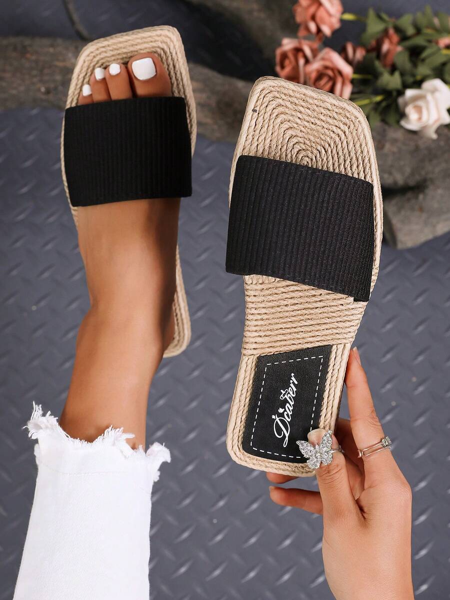 Women Square Toe Espadrille Flatform Sandals, Non-Slip Flat Slides, Summer - Black - View 1