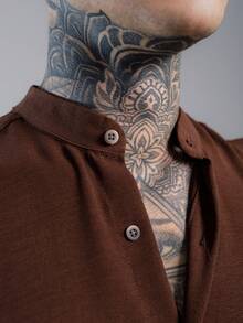 Men's Short Sleeve Shirt With Priest Collar Elegant Casual Party Work - Mocha Brown - View 3