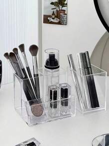 1pc Multi-Compartment Transparent Makeup Organizer Box, Desktop Storage Container For Cosmetics, Brushes, Lipsticks, Multifunctional, Back To School