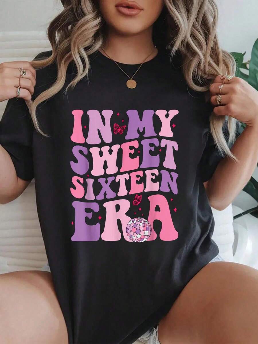 T Shirts Women In My Sweet Sixteen Era 16th Birthday Groovy Retro Boy Girl T-Shirt Beach Summer Shirts Women Clothes Black Top - Black - View 1