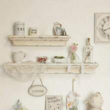 1 Piece French Vintage Country Style Wall Shelf - Natural Wood Wall Hanging Storage Shelves With Decorative Accents, Scandinavian White Home Furnishings For Living Room, Kitchen & Entrance Display Stand | Aged Wood Grain Effect | Sturdy Wooden Construction Kitchen Decor