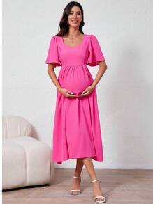 Vestido de maternidade novo, primavera/verão 2025, com gola quadrada, mangas bufantes e bainha alargada