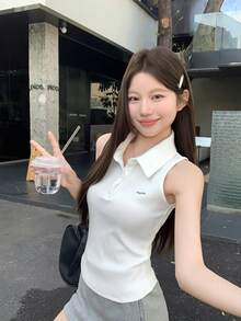 Women's Letter Embroidered Ribbed Front Button Collared Sleeveless Top - White - View 3