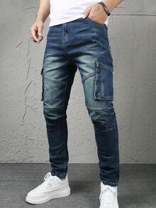 Jeans a gamba dritta con vestibilità rilassata e tasche laterali blu, stile retrò, design per adolescenti e giovani di stile europeo e americano